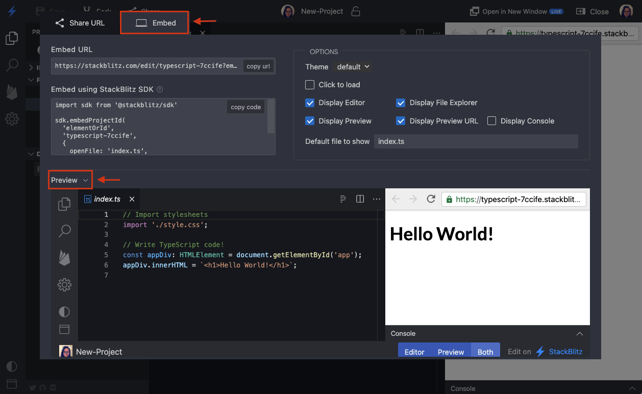 Embed and Preview tabs in StackBlitz Editor