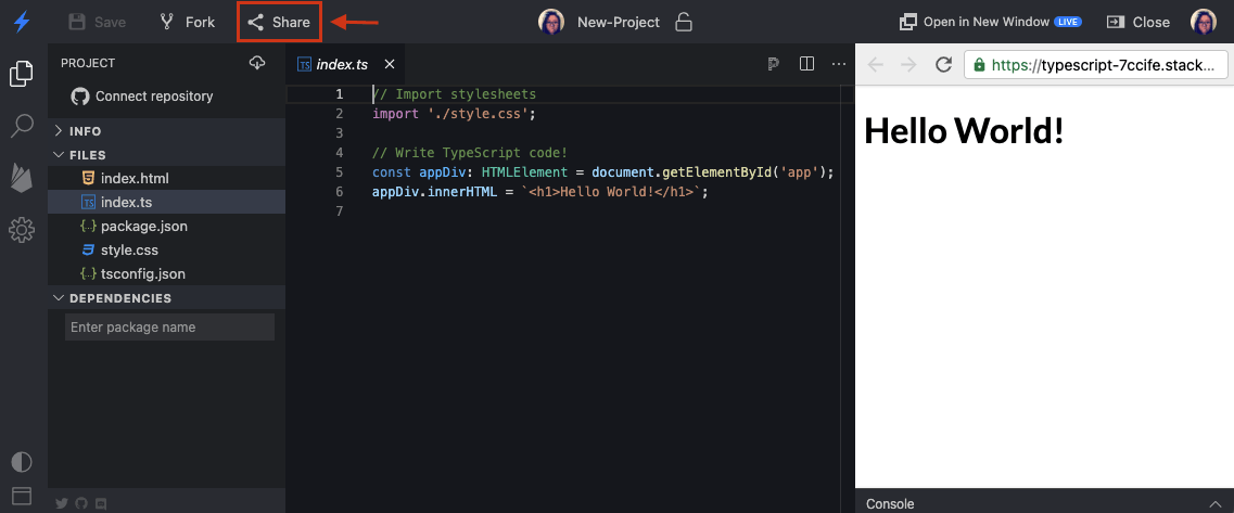 Share Button in StackBlitz Editor